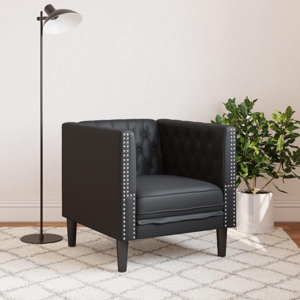 Silla Chesterfield de piel sintética negra con asiento acolchado y respaldo para salón y oficina