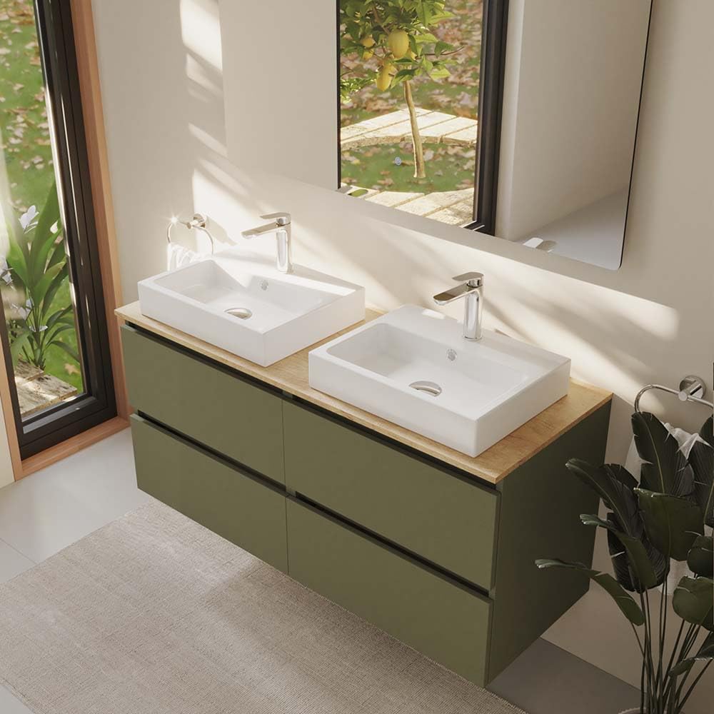 Baikal Mueble de Baño Nilo. Mueble MONTADO. 120cm Musgo 4 Cajones Suspendido con Doble Lavabo sobre Encimera de 46cm