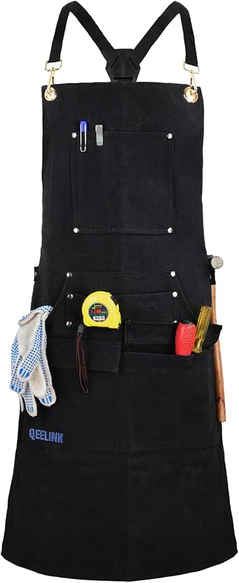 QeeLink Woodworking Shop Apron with 10 Pockets FR Waxed Canvas Work Apron - Flame Retardant - Adjustable M to L for Men & Women, Black