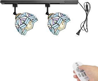 1x Plug in Cable Track Rail, 2X Adjustable Angle Blue Glass Shade Handmade Pastoral Style Tiffany H-Type Track Lighting Fixture with Dimmable Bulbs for Gallery Loft