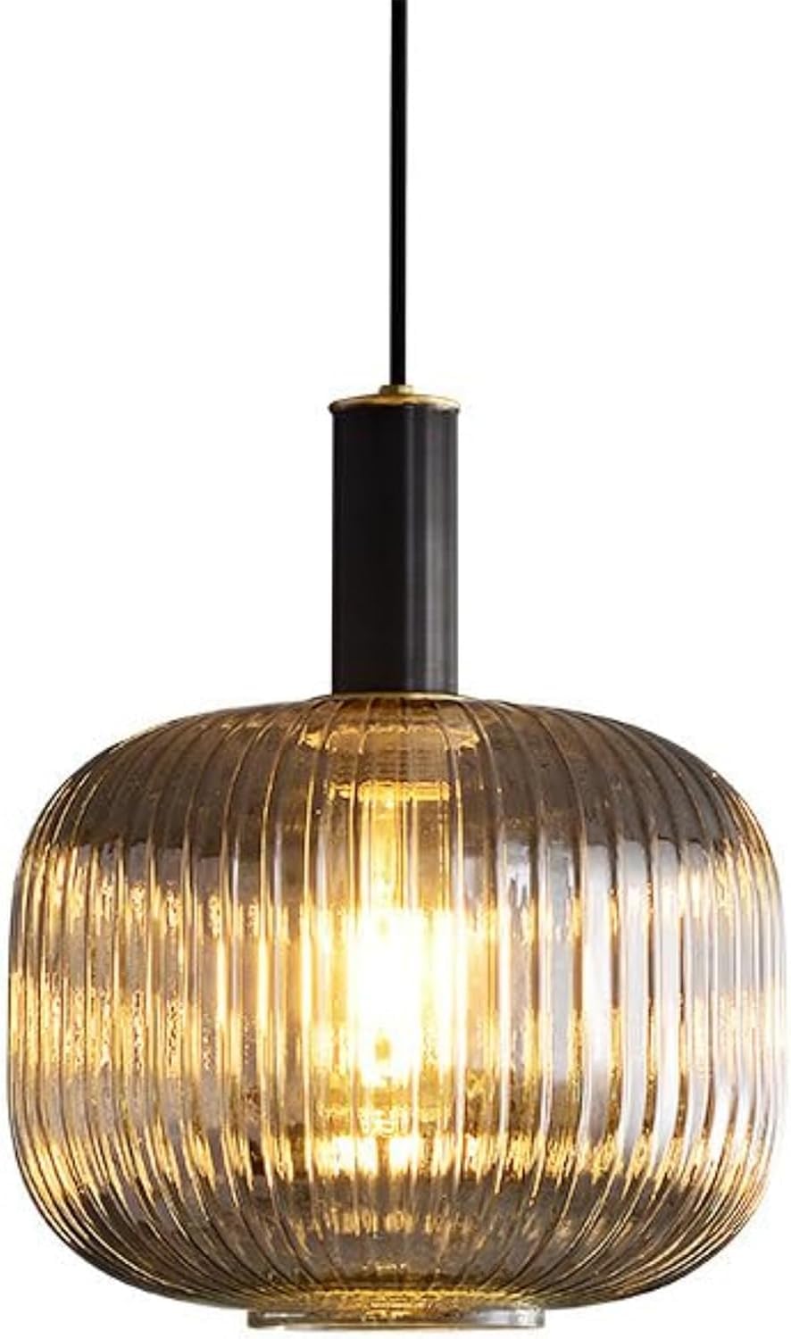 Modern Black Ribbed Glass Bedside Pendant Light Mid Century Nordic Farmhouse Kitchen Island Hanging Lamp Minimalist Dining Room Chandelier for Living Office Bar Counter Study
