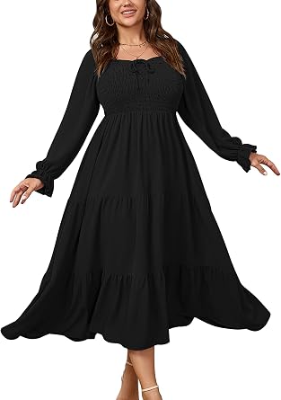 CICIDUDU Womens Plus Size Flowy Maxi Dress Long Sleeve Square Neck Smocked A Line Formal Long Dresses for Women Wedding Guest