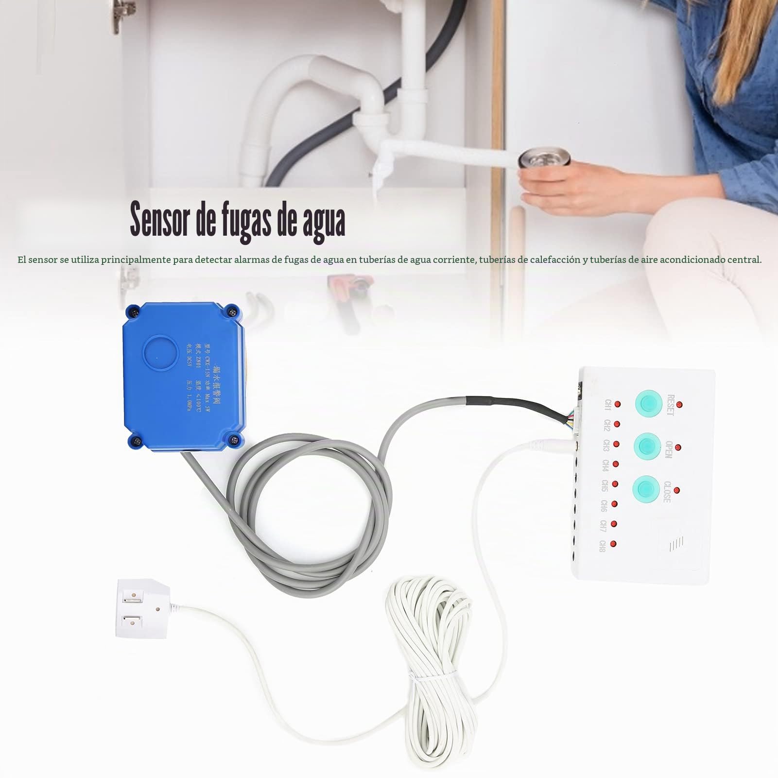 Sensor Detector de Alarma de Fugas de Agua, Sensor de Fugas de Agua con Válvula de Cierre DN25, Detección de Fugas de Alerta de Inundación con Indicador LED de Válvula de