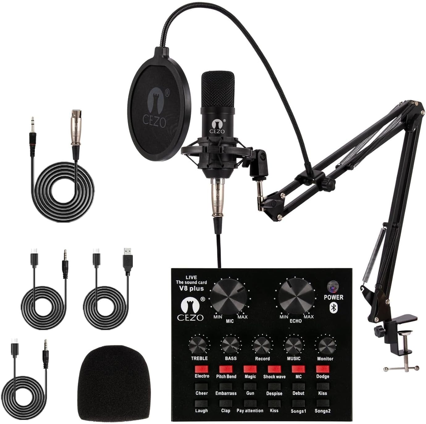 Cezo BM 800 Condenser Microphone Kit Set with V8 Sound Card, Boom Arm Stand, Pop Shield Recording Studio Equipment Full Set with 3.5mm Mic for Smartphones Live Streaming Youtubers - Black