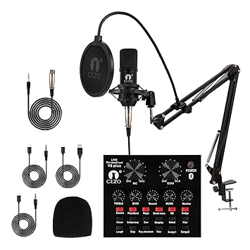 Cezo BM 800 Condenser Microphone Kit Set with V8 Sound Card, Boom Arm Stand, Pop Shield Recording Studio Equipment Full Set with 3.5mm Mic for Smartphones Live Streaming Youtubers - Black - image, photos