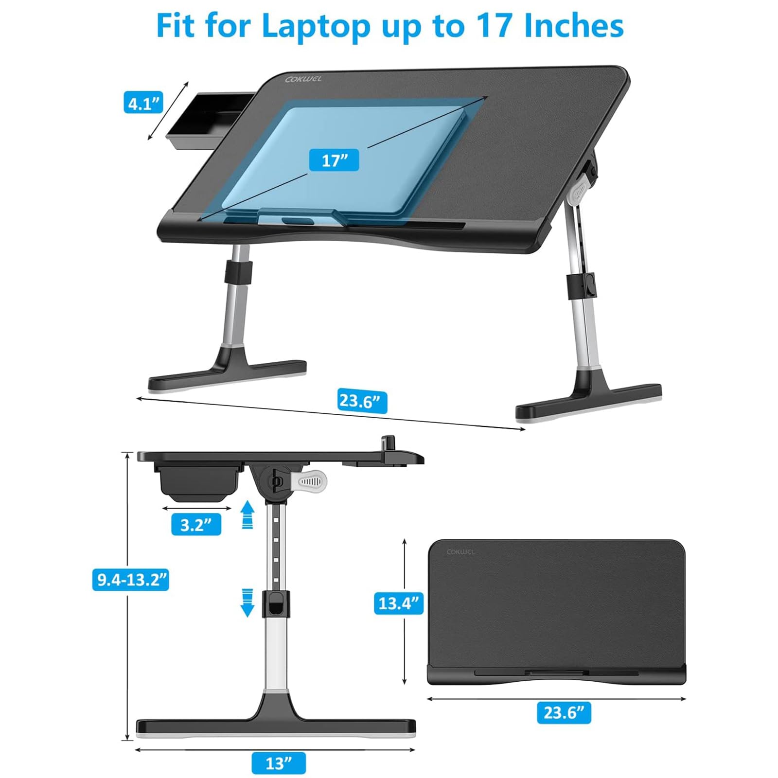 Stand da scrivania del Letto per Laptop Pieghevole Regolabile - Supporto per Notebook Portatile per Lavoro, Lettura, Alimentazione - Altezza e Angolo Regolabili - con cassetto e Tappo