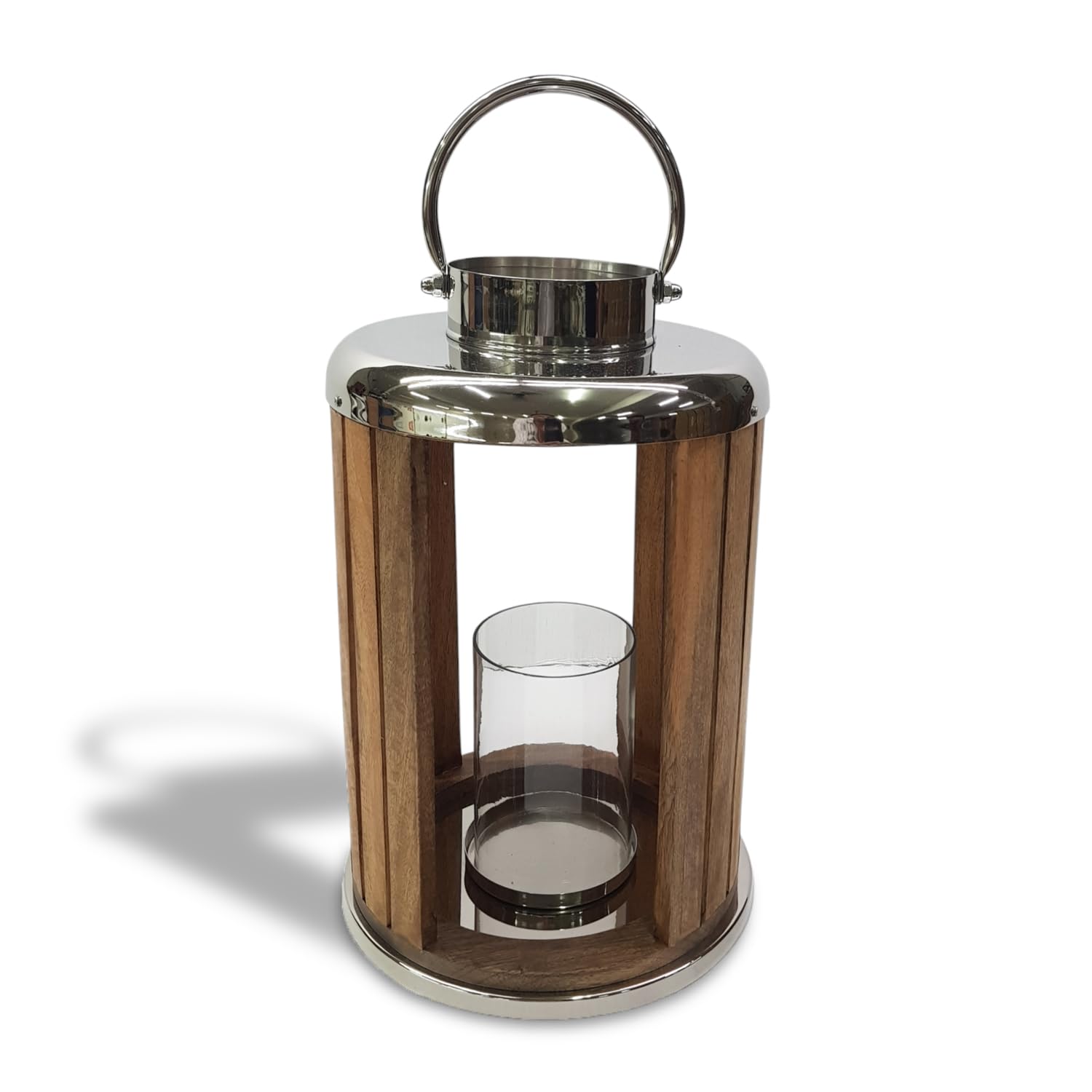Rustic Mango Wood & Stainless Steel Lantern With Glass Hurricane 39Cm from B&Q