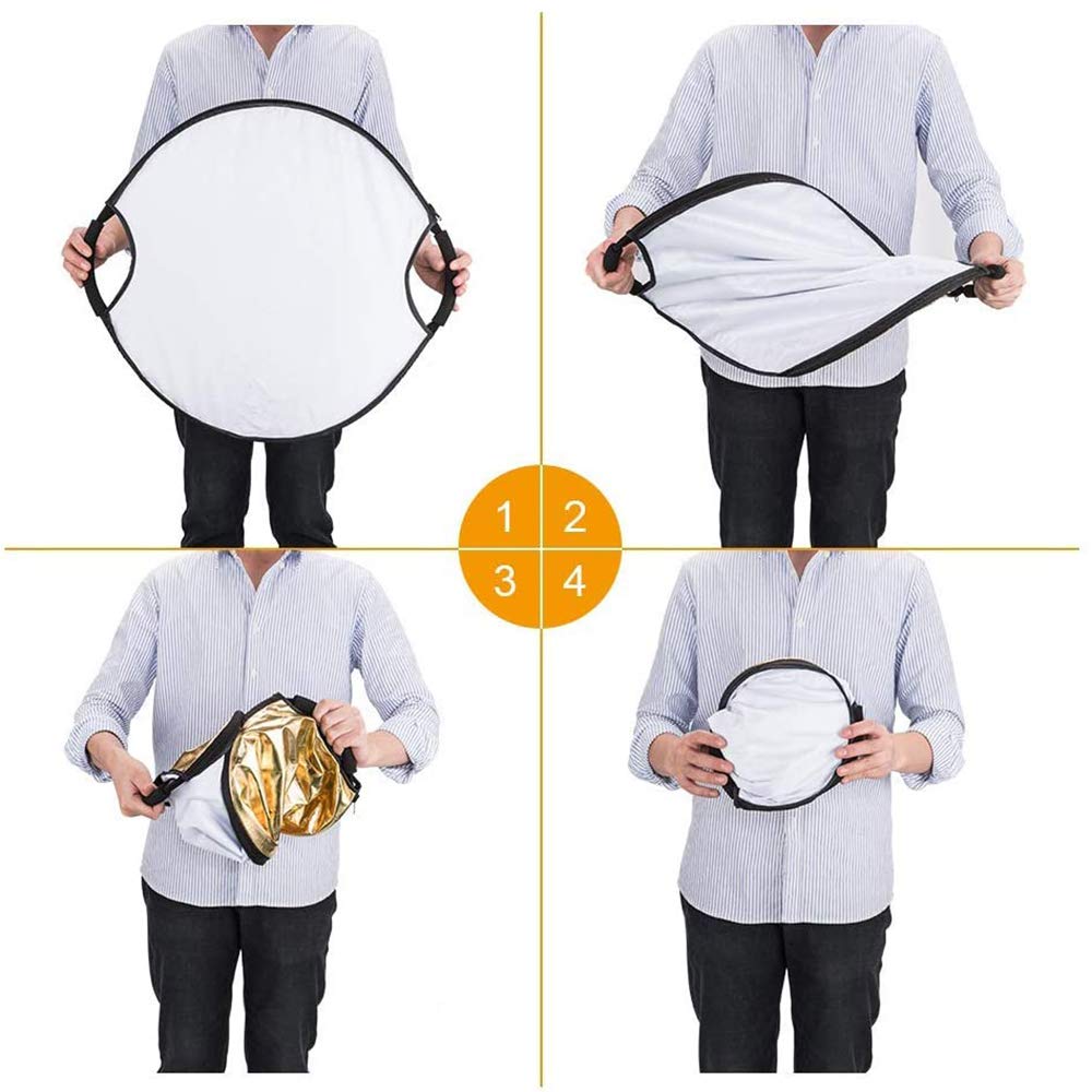 5 en 1 Reflector de Luz Redondo Plegable Portátil con Asa Iluminación Estudio Fotográfico Fotografía Al Aire Libre, Color Negro, Blanco, Oro, Plata, Translúcido