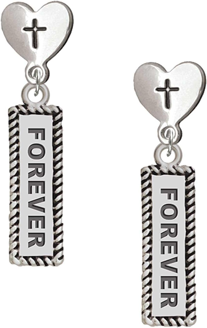 Delight Jewelry Silvertone Forever Cross in Heart Post Dangle Earrings
