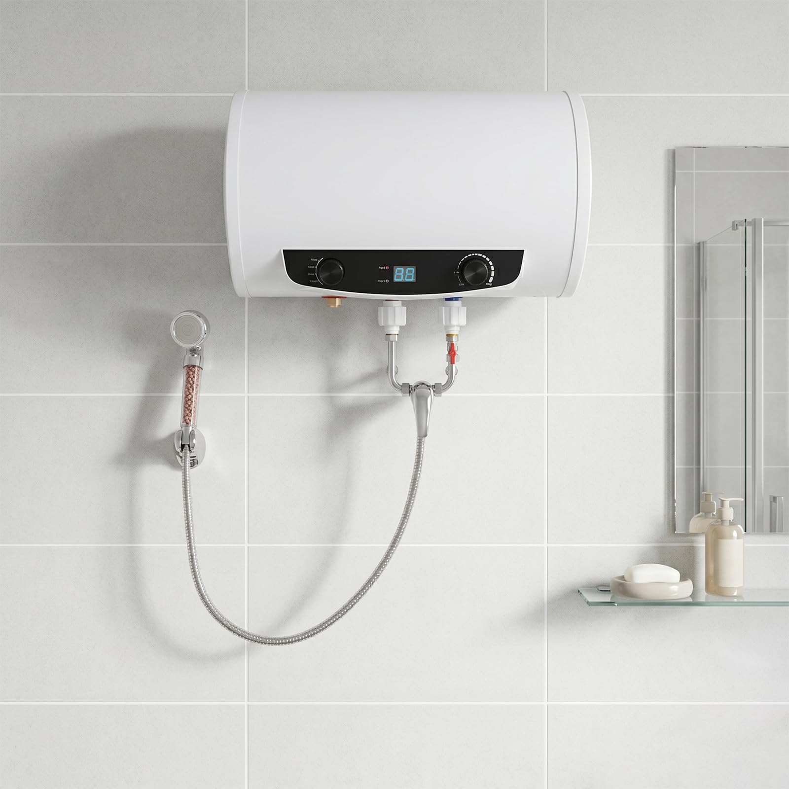 Scaldabagno da 50 l, montaggio a parete, 2000 W, 3 livelli, con set doccia IPX4 | Scaldabagno elettrico 35-75 °C, 3 livelli di calore, IPX4, silenzioso, 30 dB, ideale per bagno, cucina, parrucchiere