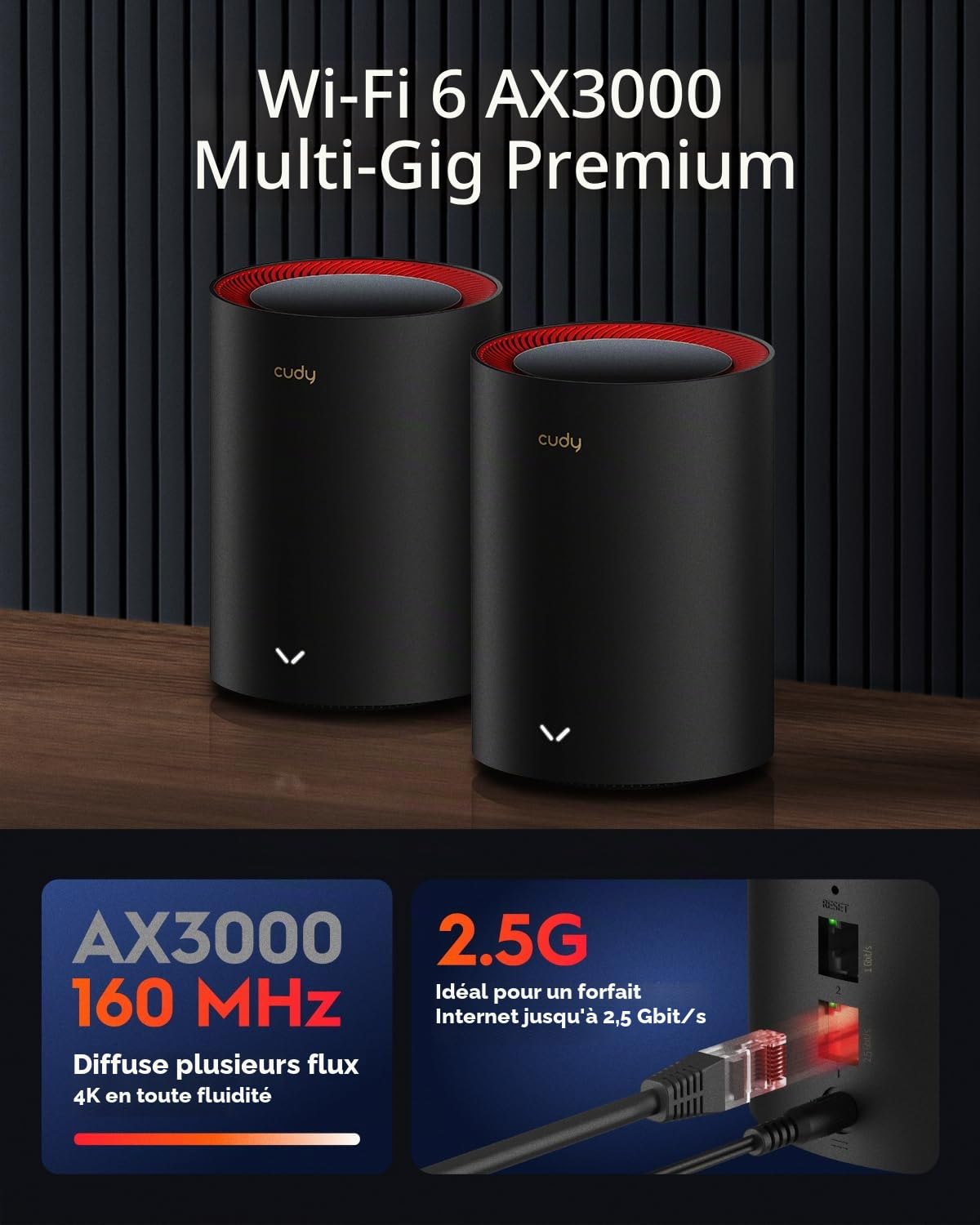 CUDY AX3000 2,5G Système de Maillage Wi-FI 6 Wi-FI 6, 2,5 g WAN, Backhaul Ethernet, idéal pour 1Gig+ Internet, Wireguard, OpenVPN, Zerotier, CloudFlare, DDNS, 2023 Sortie M3000 2 Packs