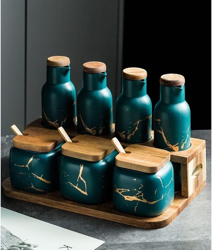 Ceramic Condiment Can Set with Spoon & Lid – Spice Pot, Seasoning Box, Storage Jar for Sugar, Salt, Olive Oil, Vinegar – Home Kitchen & Dining Room Use