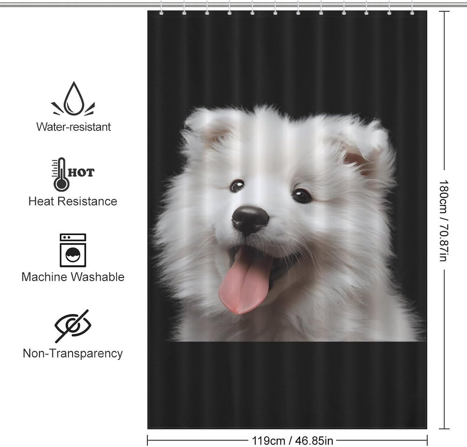 Fluffy Samoyed Puppy Fabric Shower Curtain Liner Bath Bathroom | machine washable,with 12 hooks,stainless steel grommets,room divider