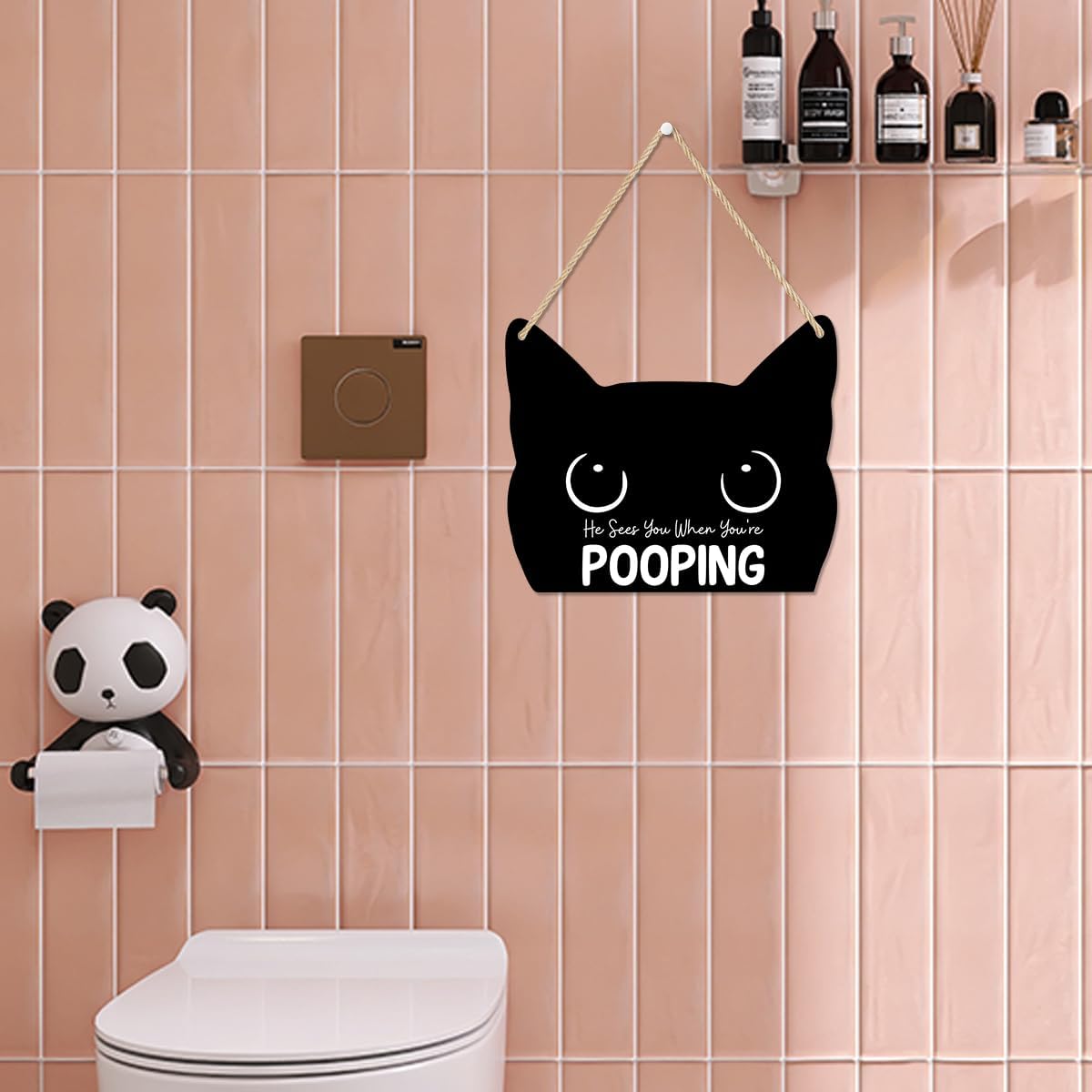 Christmas Black Cat Bathroom Decorations, Funny Black Cat Decor, He Sees You When You're Pooping Sign Unique Bathroom decor Wood Hanging for Home Office 12 x 10 Inch - Image 6