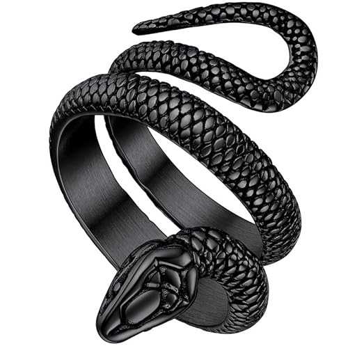 ChainsHouse Men Women Stainless Steel/18K Gold Plated/Black Snake Ring, Retro Punk Gothic Jewelry Antique Octopus Serpent Reptile Rings (with Gift Box) 01-Snake-Black 7