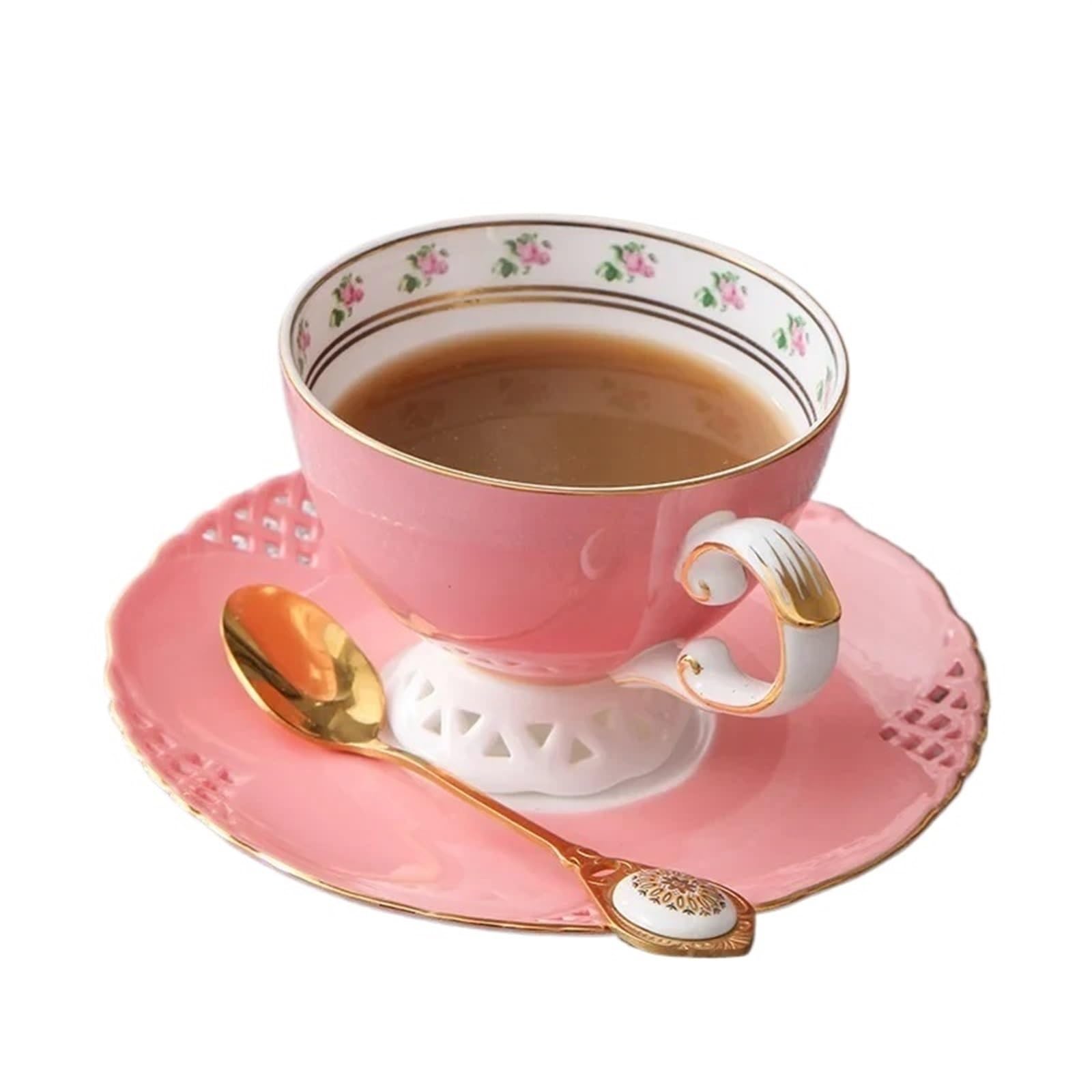Taza de café y plato porcelana hueso, exquisita taza té cerámica, vajilla ahuecada tallada, juego Para Todo Tipo de Bebidas(Pink)