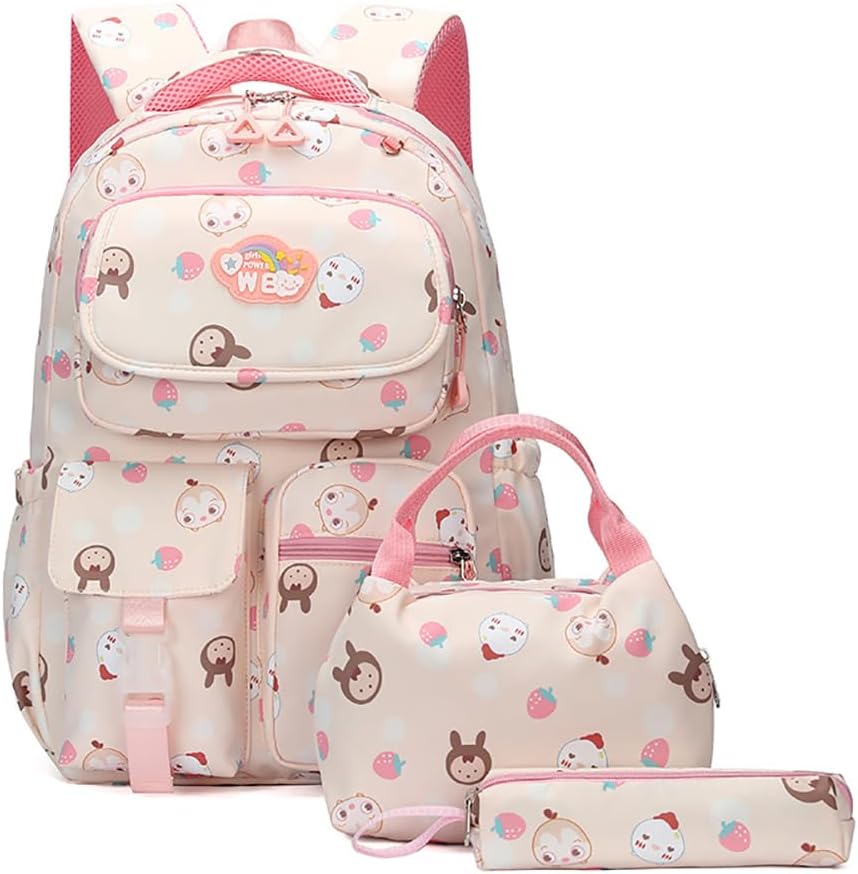 School Bags for Girls 8-10 3pcs Bags Set Kawaii Print BackPack with Lunch Bag and Pencil Case Primary Waterproof Schoolbags Cute School Supplies Off white, One Size