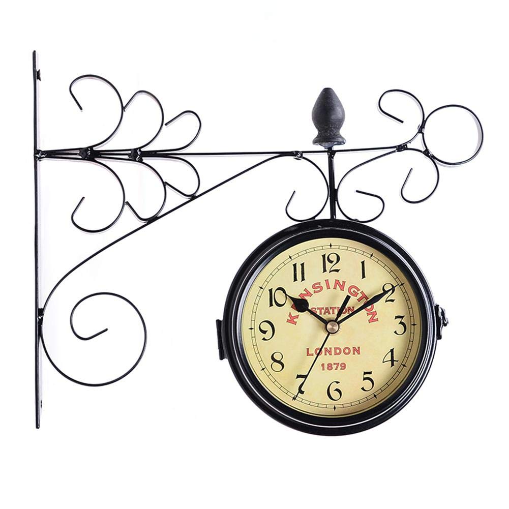 MYUYEE Train Station Clock Two Sided for Indoors/Outdoors Double Retro Quartz Watches Metal Iron Art Hanging Clocks Garden Corridor Decoration Easy to Hang