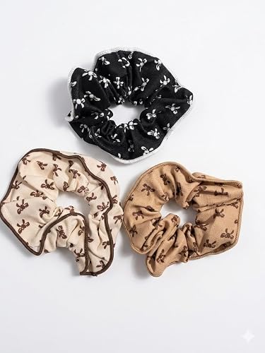 Floral Embroidered Hair Scrunchies, Set of 3, Black, Cream & Tan, Bow Pattern