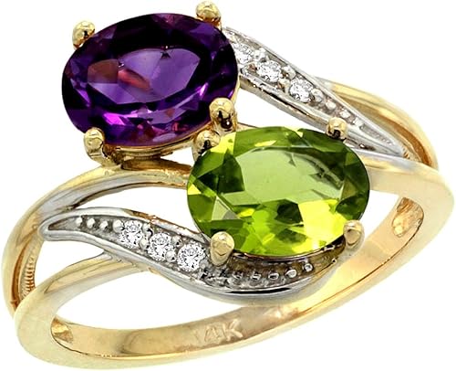 10K oro amarillo Diamante AMATISTA y peridoto 2-stone Anillo Oval 8x 6.6yard, tamaños 510