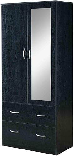 Miniatura 10 de HODEDAH Armario de madera de 2 puertas con barra de ropa dentro del gabinete, 2 cajones para almacenamiento y espejo, color blanco Blanco,Negro