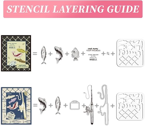 Miniatura 3 de ORIGACH Juego de sellos de pesca y plantillas para hacer tarjetas, herramientas de pesca, sellos transparentes, troqueles de corte y plantilla de
