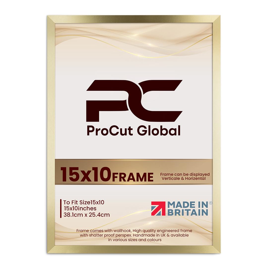 Procut Global 15X10 Gold Picture Frames - Modern Wooden Photo Frame with Shatterproof Perspex for Wall or Tabletop - Perfect for Posters, Certificates, Prints - Sizes & Colors Available