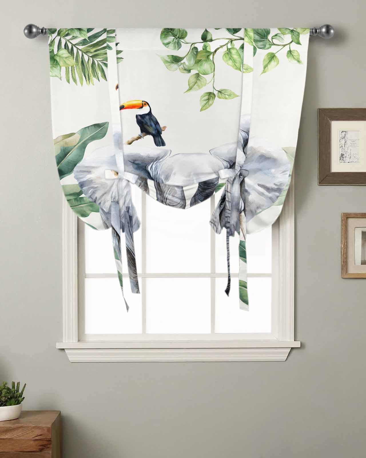 Tie Up Curtains for Kitchen Windows,African Parrot on Elephant Palm Leaf Adjustable Balloon Shade Curtain Panel Rod Pocket Drapes for Small Window Decor 34