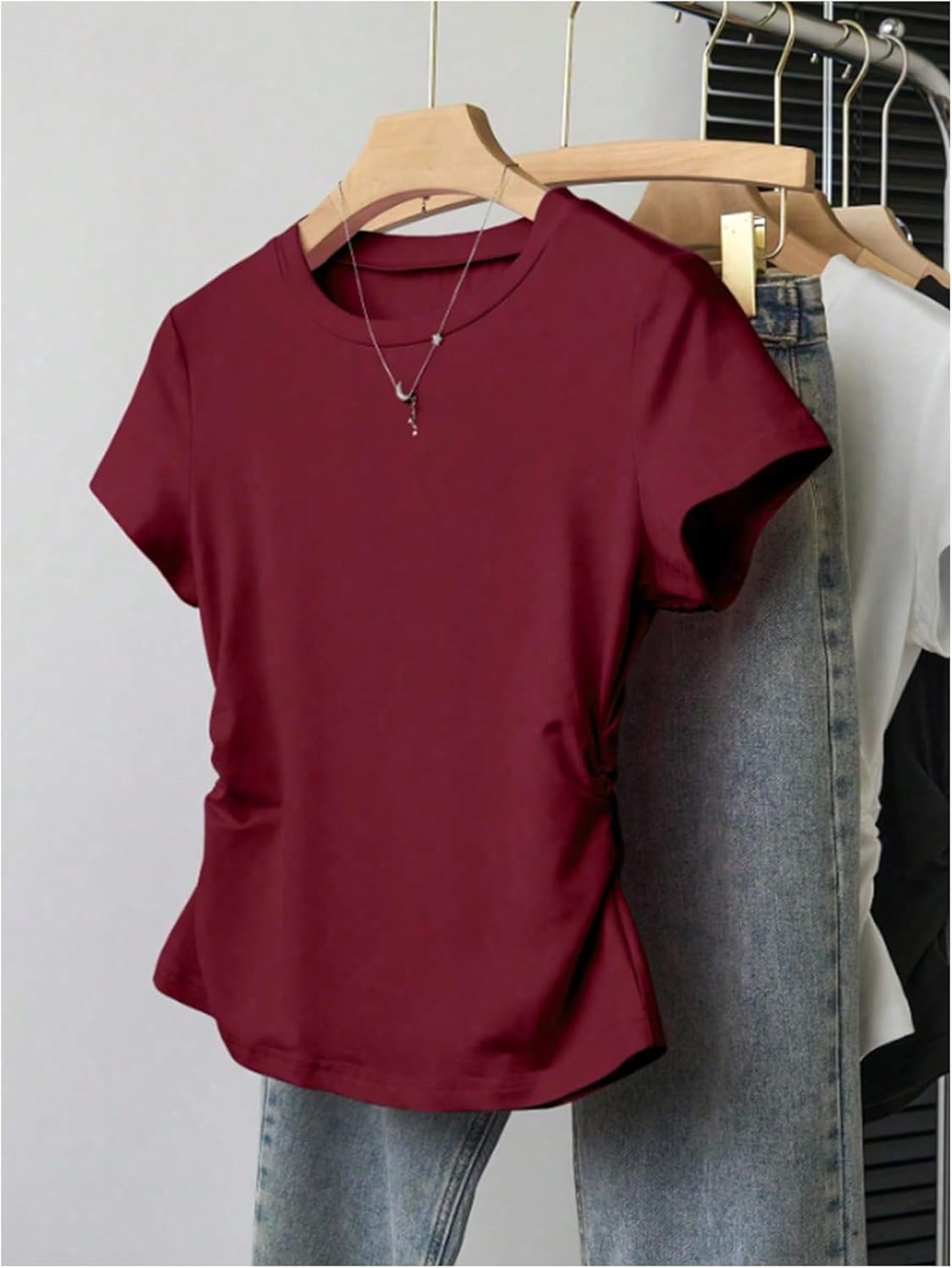 Women's 3 Packs Basic T Shirts Short Sleeve Crewneck Ruched Tops Fitted Casual Summer Top Tees - Image 5