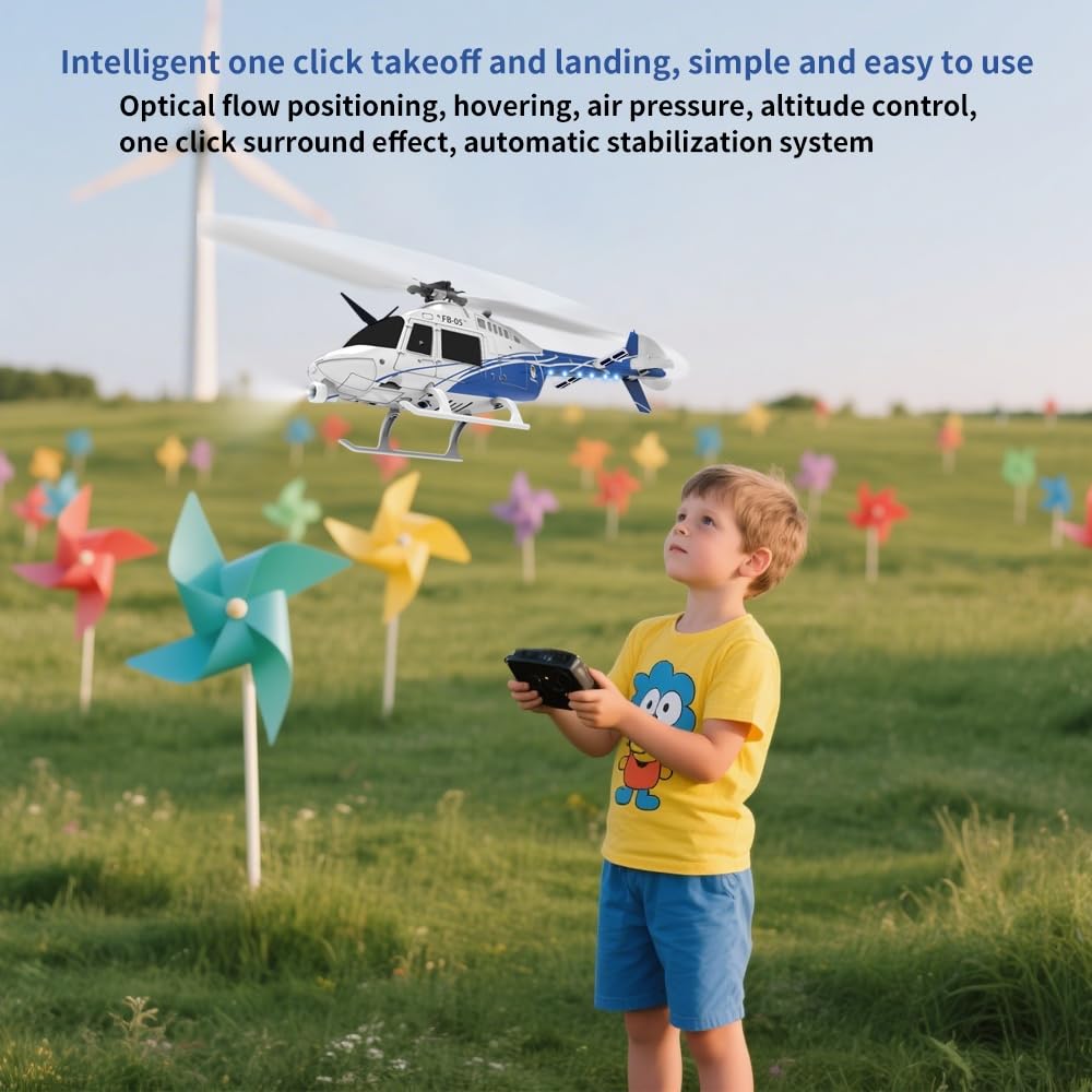 FB-05 RC-Hubschrauber, 2,4 GHz 6-Kanal-RC-Flugzeug mit Gyro und LED-Beleuchtung, optischer Flusspositionierung, Höhenhaltung, EIN-Tasten-Start und -Landung sowie Schweben(Blau/1 Batterie)