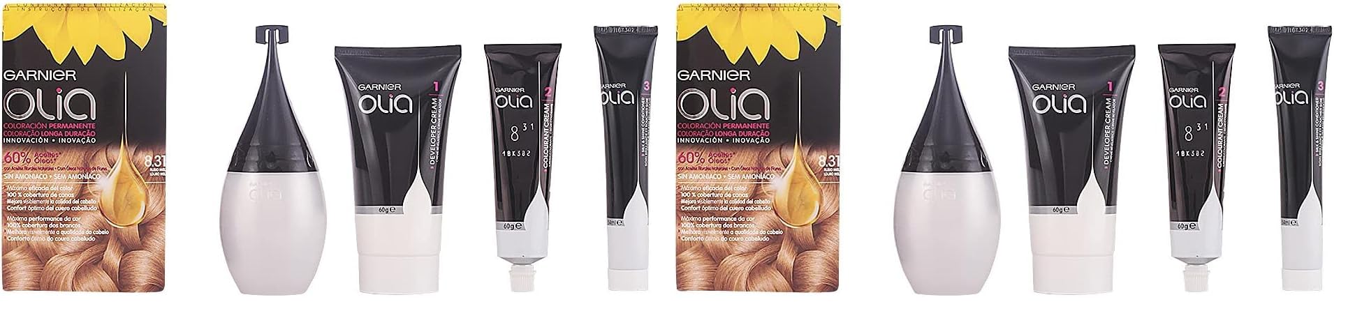 Garnier Olia Permanent Hair Color Ammonia Free, with Natural Origin Floral Oils, Shade 8.31 Honey Blonde, 1 Count (Pack of 2), Packaging May Vary