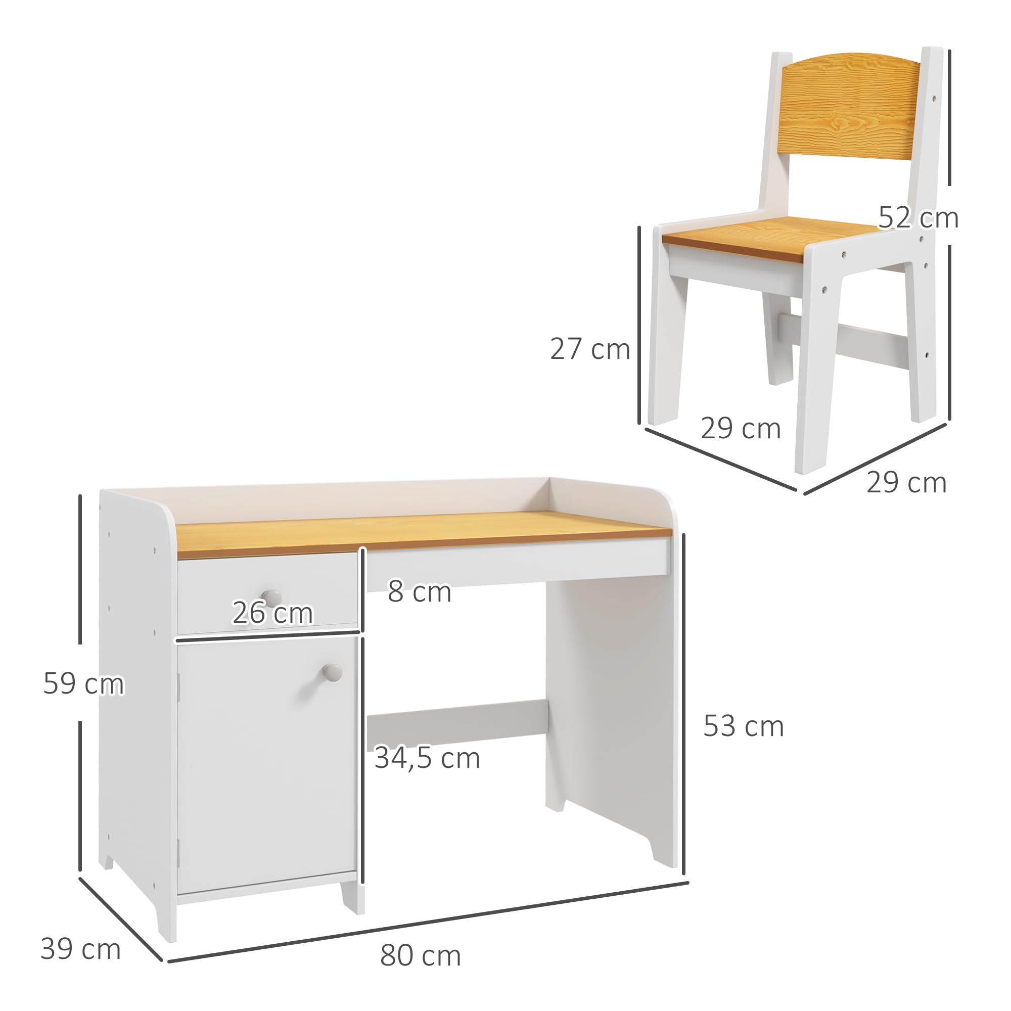 ZONEKIZ Conjunto de Escritorio de 2 Piezas Pupitre Infantil Escritorio para Niños Incluye Silla y Mesa con Cajón y Armario para Dormitorio Sala Blanco y Natural