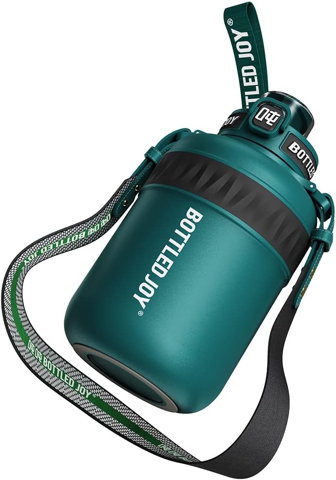 Insulated Stainless Steel Water Bottle for Sports and Travel, BPA-Free,Bottled joy with strap (blackish green, 32 oz)