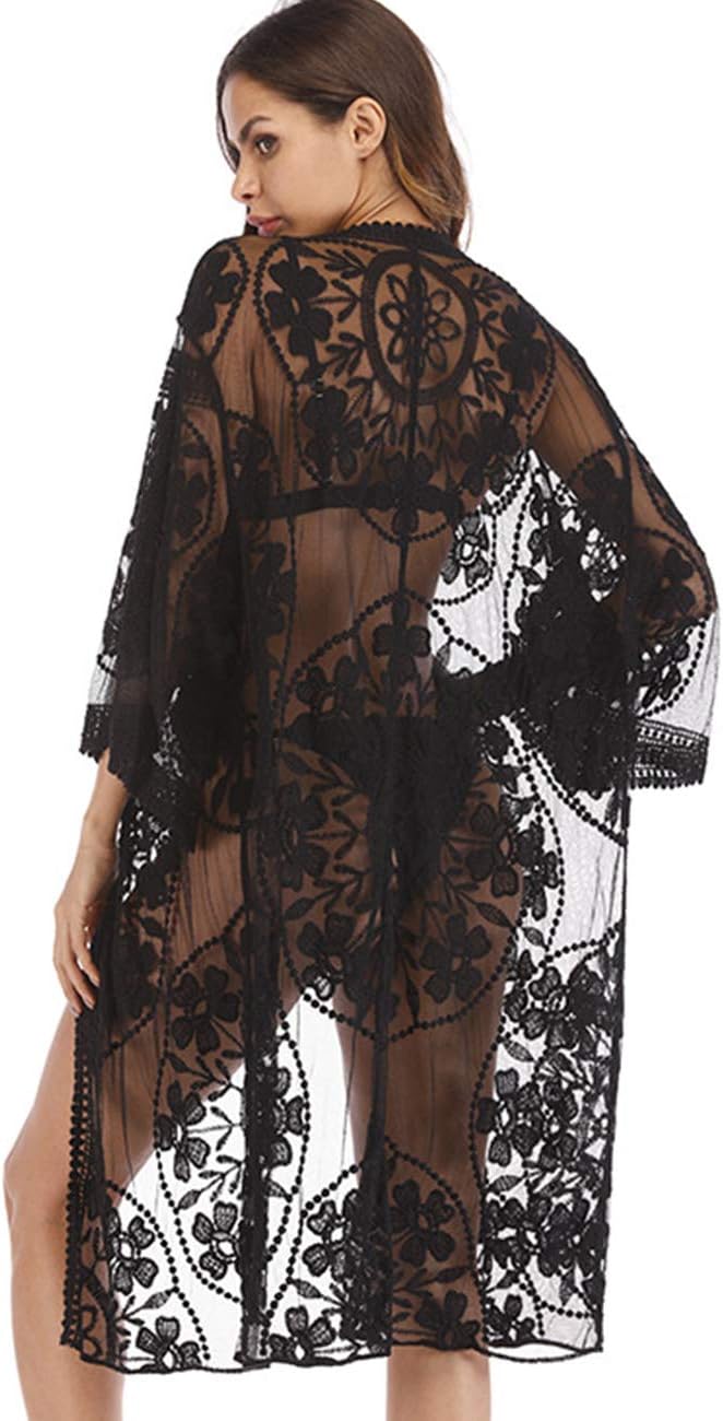Women's Lace Cardigan Floral Crochet Sheer Beach Cover Ups Long Open Kimono
