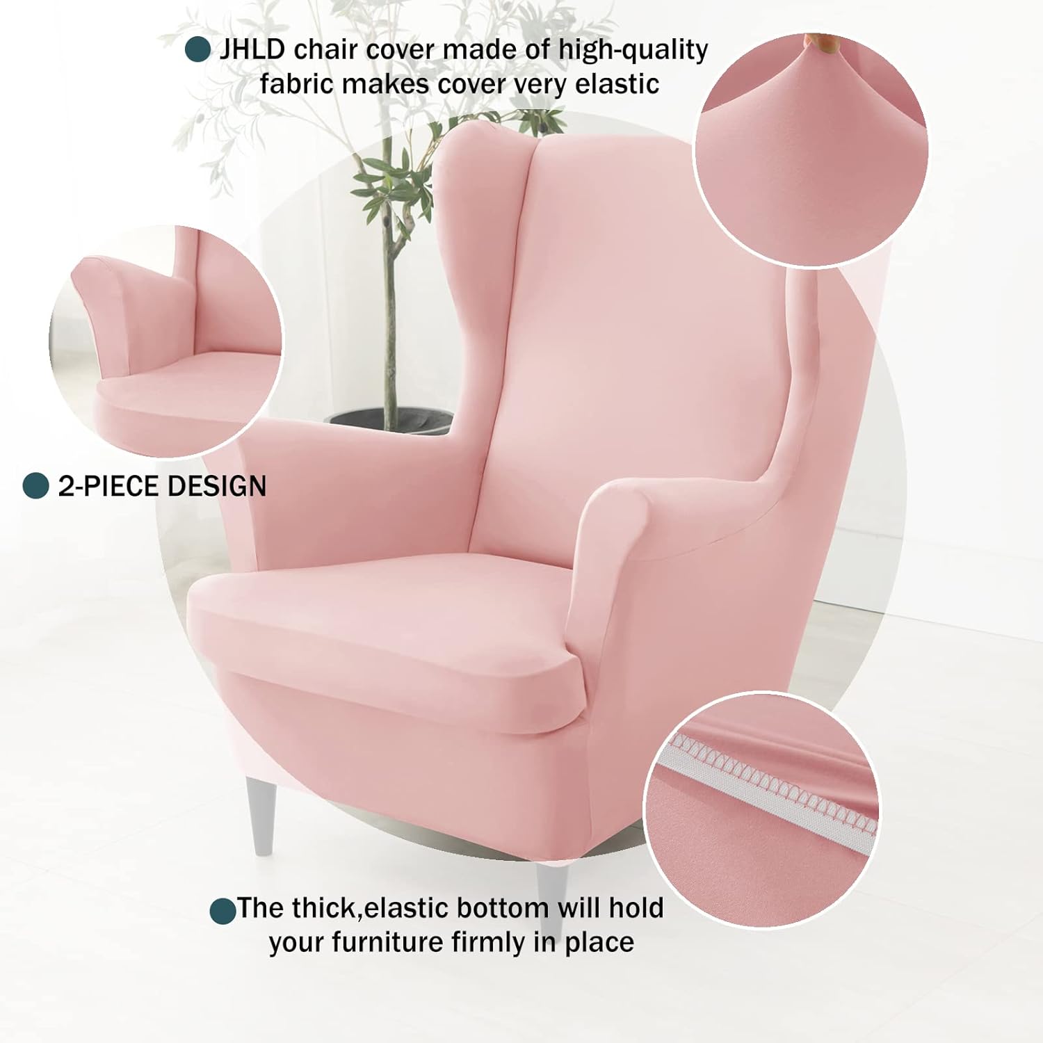 Stretch Wing Chair Cover Set, Spandex Wingback Chair Cover with Ottoman Covers with Elastic Bottom Wingback Chair Slipcover -Pink-3 Pieces