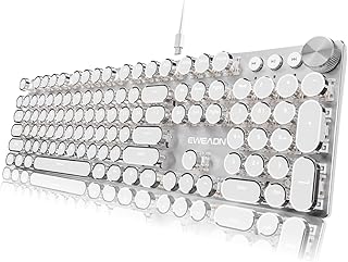 EWEADN タイプライタースタイル メカニカルゲーミングキーボード 有線メカニカルキーボード 104キーバックライトLEDキーボード メディアコントロールノブ 有線コンピュータキーボード ピンクスイッチ Windows/Mac/PC用 ホワイト