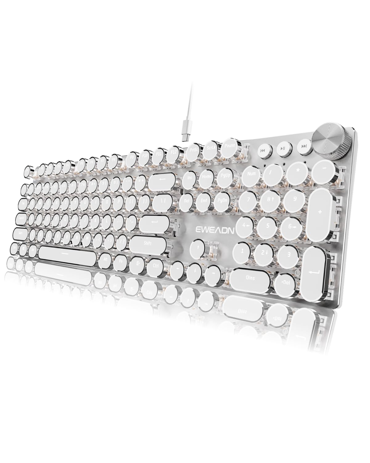 EWEADN Typewriter Style Mechanical Keyboard, Wired Typewriter Keyboards,104 Keys Backlit LED Metal Keyboards, Media Control Knob, Wired Computer Keyboard White Switch for Windows/Mac/PC-White