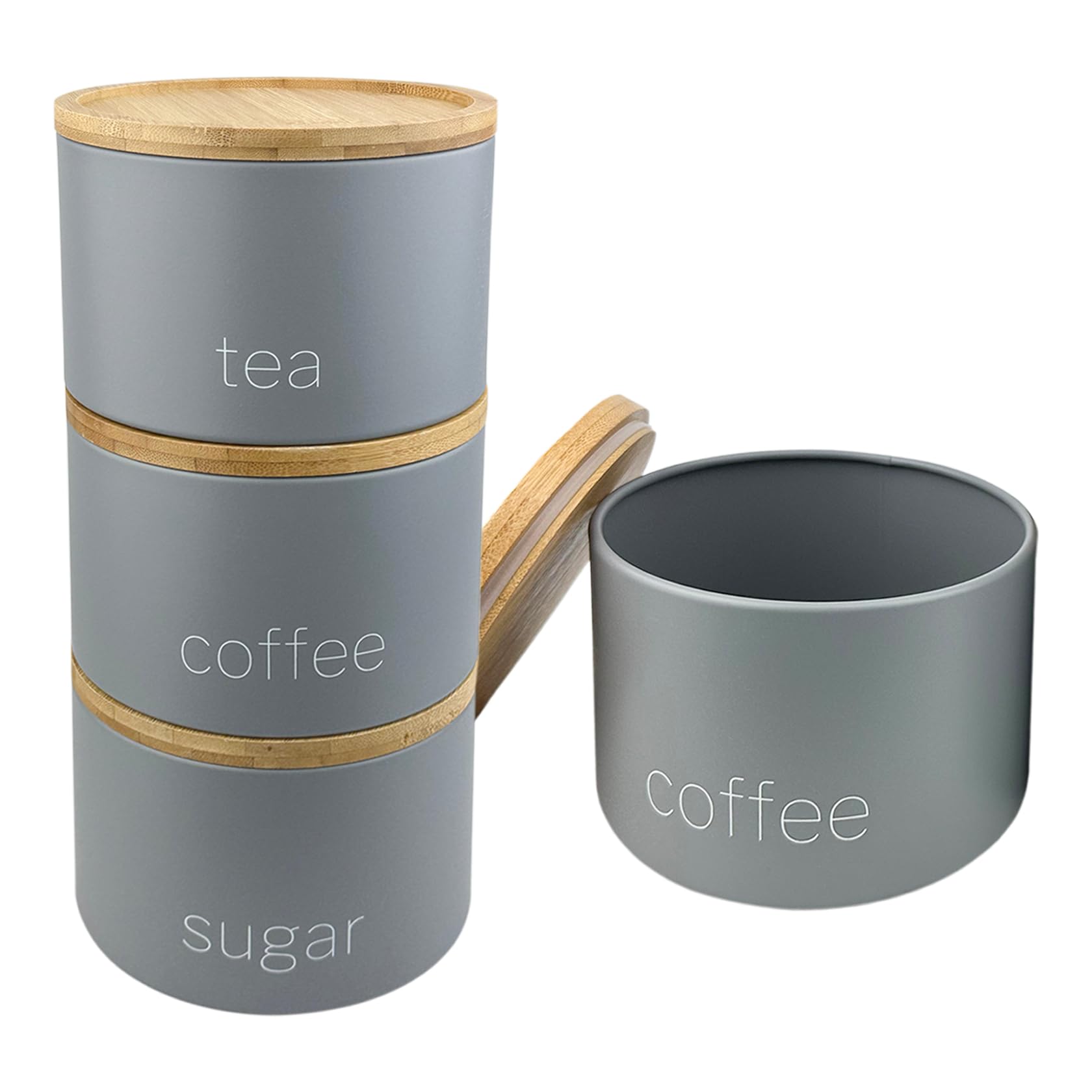 SAFRI 3 Pieces Jar with Wooden Lid Tea Coffee Sugar Canister Storage Container Bowl Pots Kitchen Storage Tins (Grey)