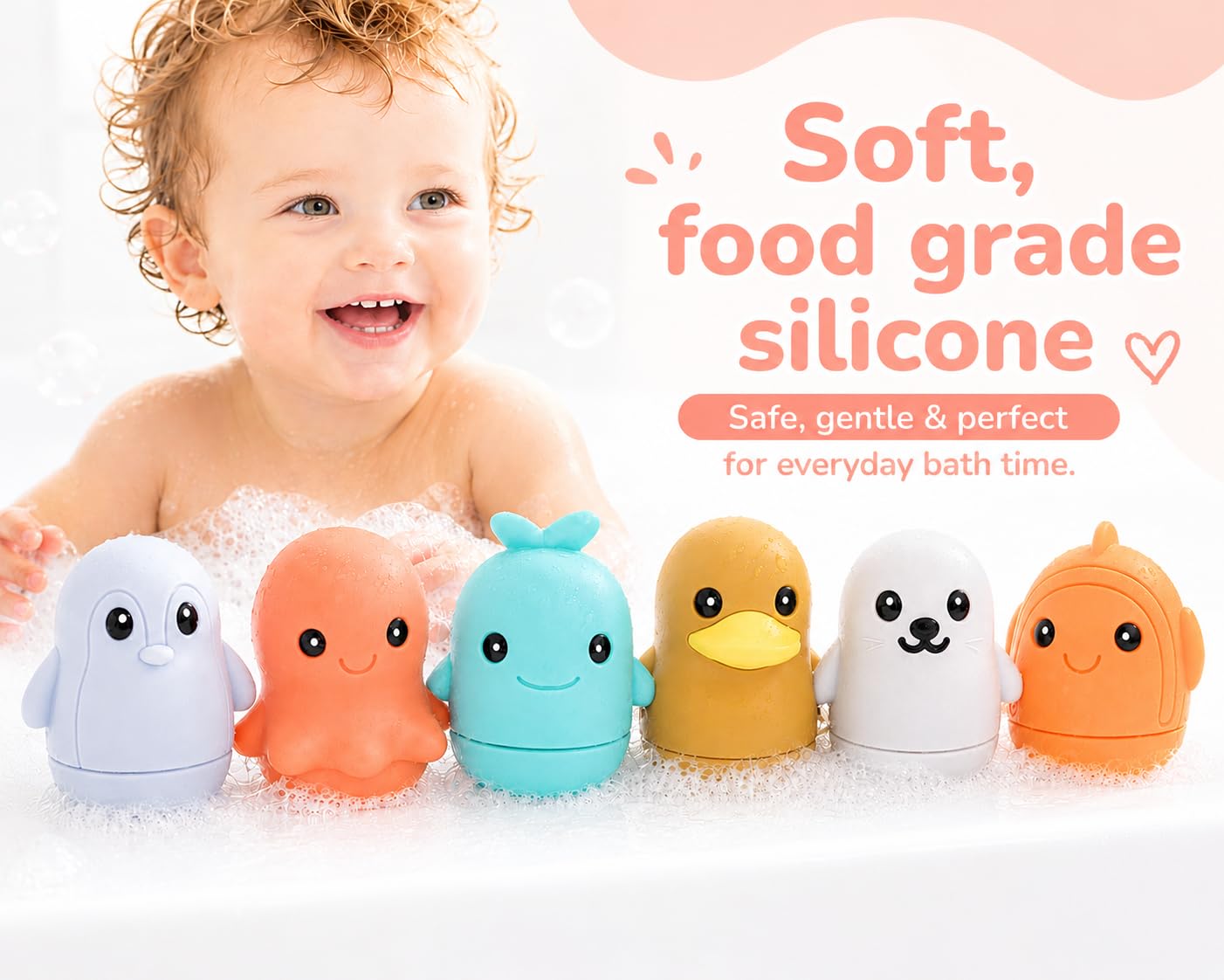 Silikon-Badespielzeug, öffnet sich zum Reinigen, 9 m Baby-Badespielzeug, Badespielzeug für Kleinkinder 1-3, Wannenspielzeug, Ozean, 6-teiliges Set