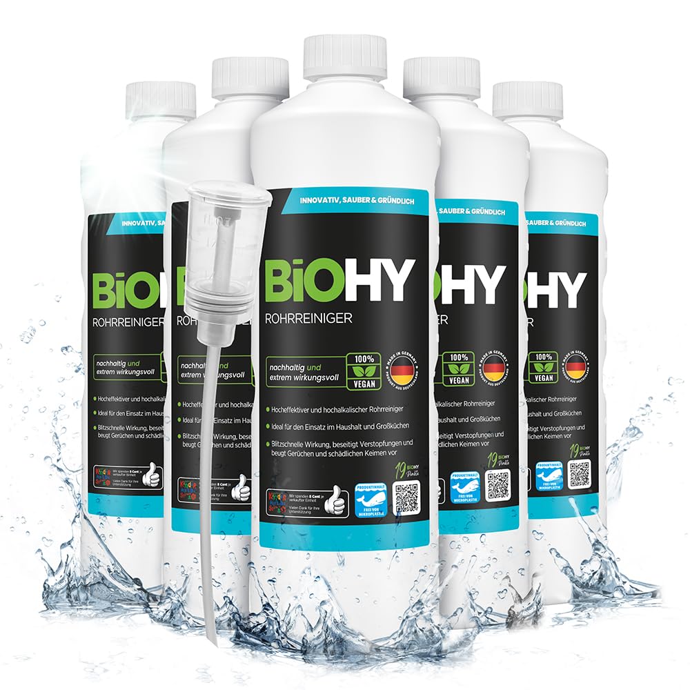 BiOHY Desatascador (6 botellas de 1 litro) + Dosificador | Líquido, limpiador de desagües altamente concentrado | Inodoro, Para todos los bloqueos | EXTRA FUERTE (Rohrreiniger)