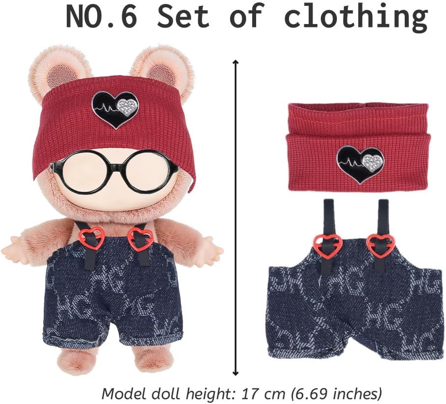 ebuddy 6 Sets 17cm Plush Dolls Clothes - Dress Up Doll Clothing Set Replacement Outfit Collection with Hats & Accessories (No Doll No Glasses)