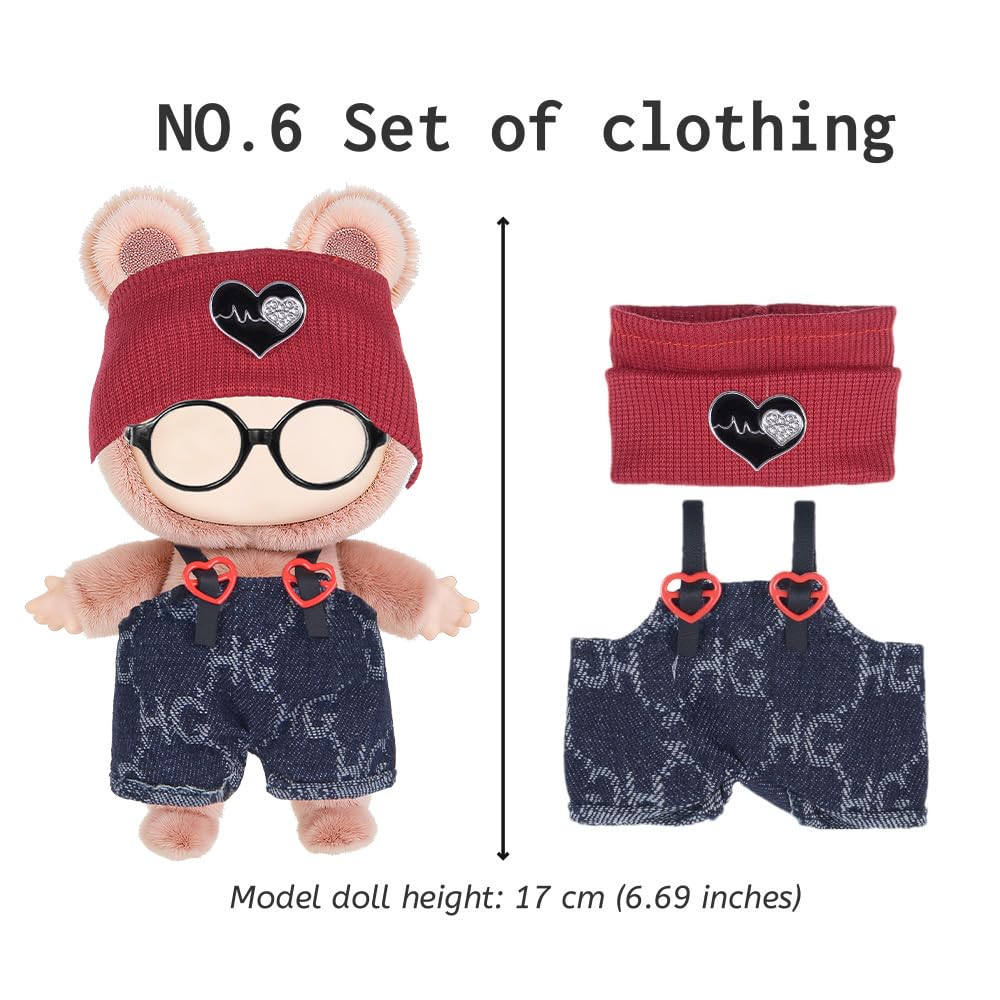 ebuddy 6 Sets Puppenkleidung für 17 cm große Puppen – 2 Kleider, 2 Overalls, Shorts + 6 Hüte/Stirnbänder | Mode-Outfit-Bundle (Puppe nicht im Lieferumfang enthalten)