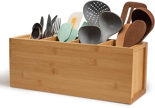 Utensil Holder, Bamboo Kitchen Utensil Holder for Kitchen Counter, Kitchen Utensil Organizer with 4 Compartments and Removable Design for Large