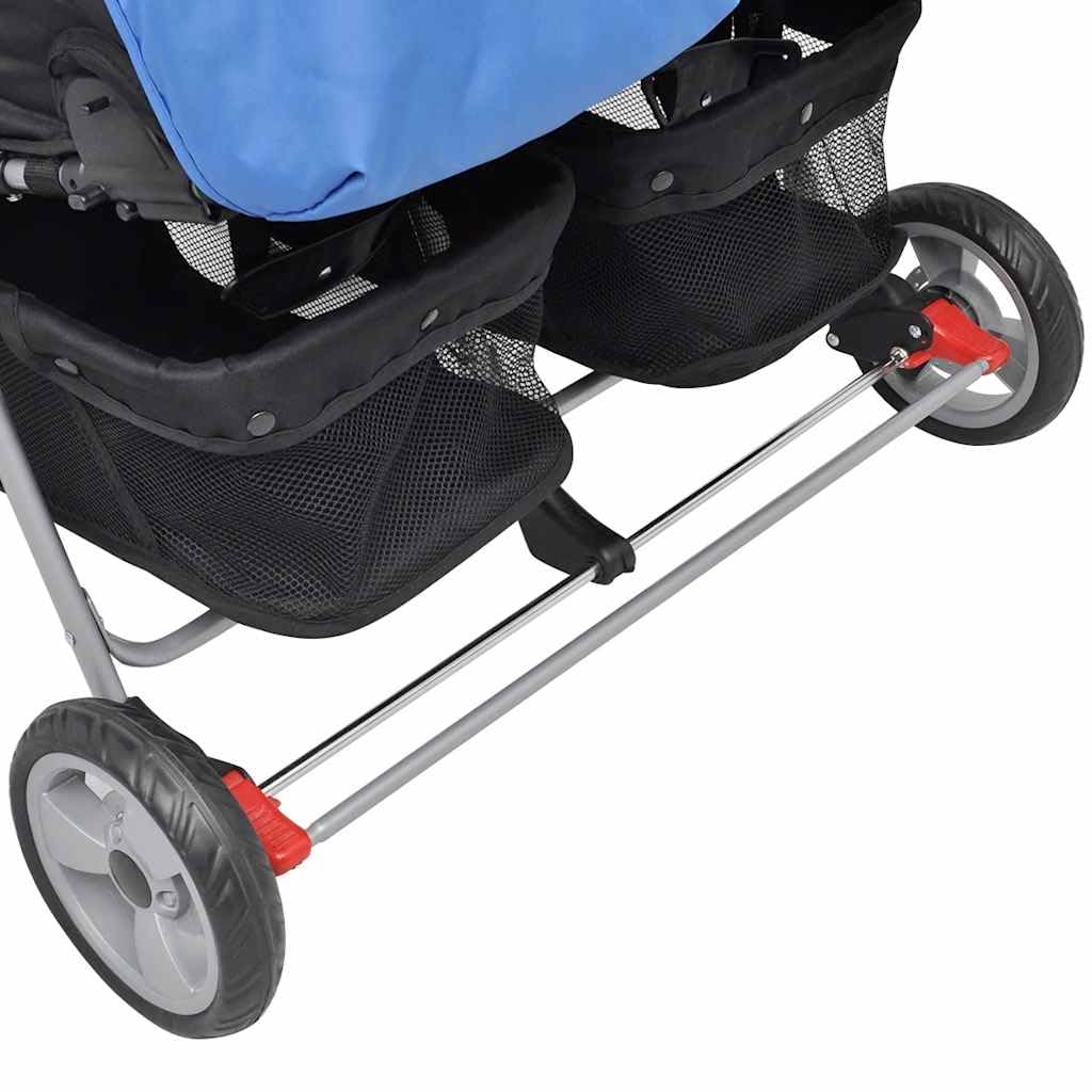 vidaXL Poussette à Deux Places Acier Bleu et Noir Pliable Landau d'enfant Bébé