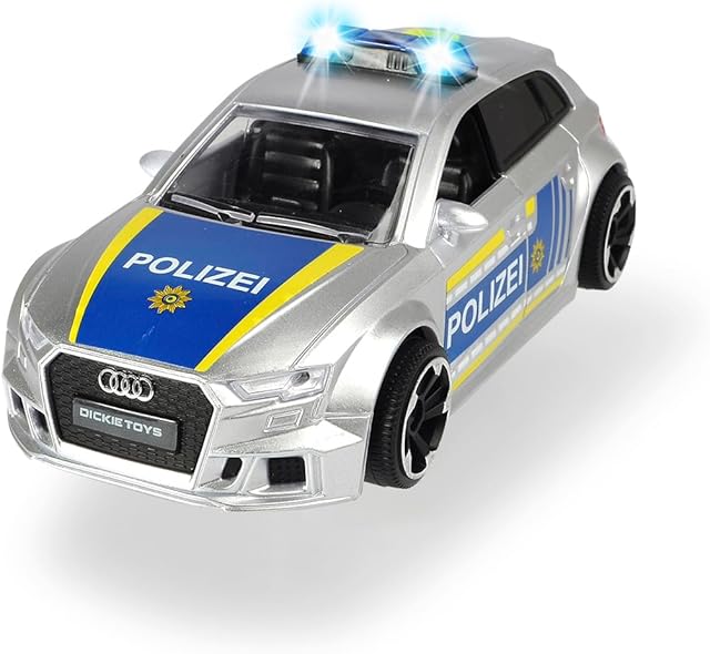 Dickie Toys 203713011 Audi RS3 policja, samochód policyjny z frykcją, z akcesoriami i blokadą ulicy, światło i dźwiękiem, łącznie z bateriami, skala 1:32, 15 cm, od 3 lat, srebrny, niebieski