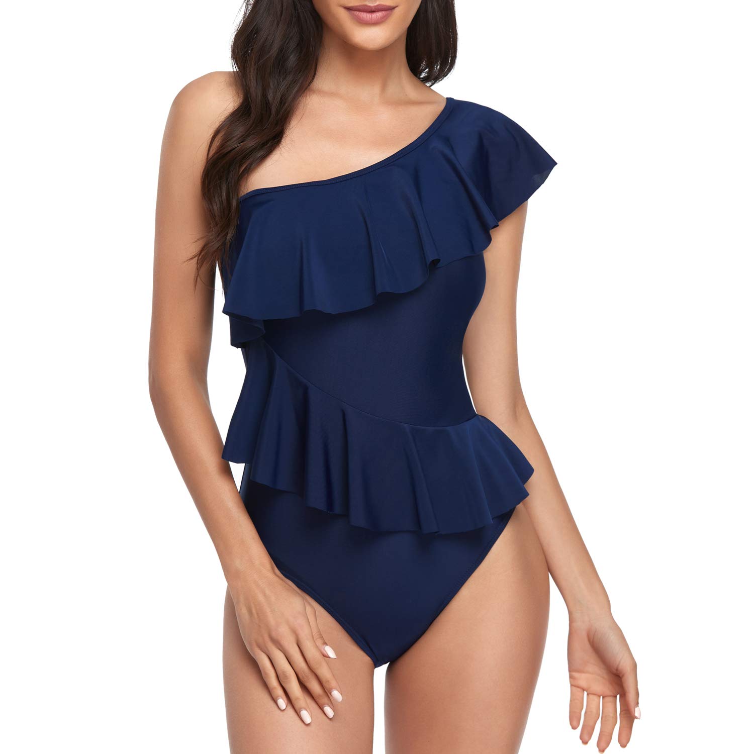 Smismivo One Piece Bathing Suit for Women with Ruffles One Shoulder Tummy Control Swimsuit Asymmetric Flounce Curvy Swimwear size M
