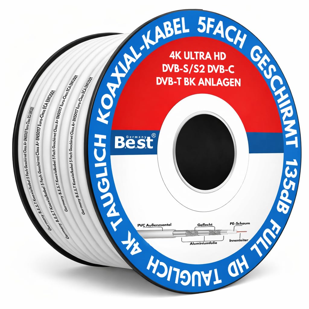 Germany B.e.s.t Cavo coassiale 100 m SAT | 4K Ultra HD | Classe A+ | Impianti DVB-S/S2 DVB-C DVB-T BK | 5 schermati | 135dB