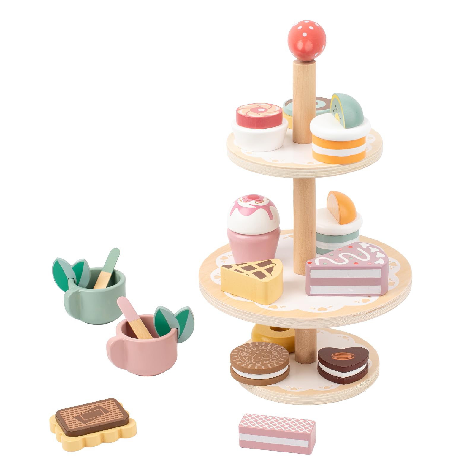 Wooden Dessert Cake Tea Party Set for Little Girls Toys, Pretend Play Kids Tea Set for Toddlers Wood Toys, Wooden Play Food Kitchen Accessories Sets for Kids (Dessert Tea)