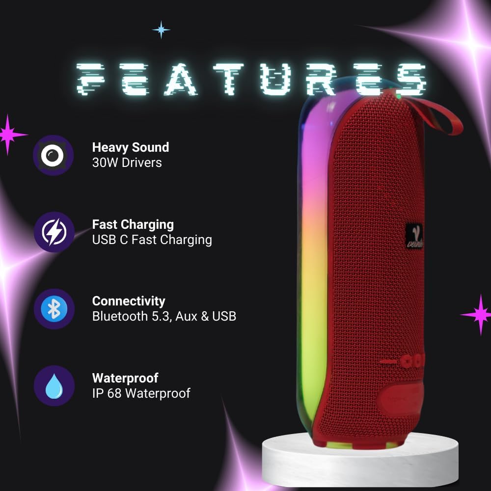 Portable Bluetooth Speaker with Lights, Powerful Crystal Clear Sound, IPX5 Waterproof, All Day Playtime, BT 5.3, TWS Paring, Sleek Wireless Speaker for Outdoor - Black