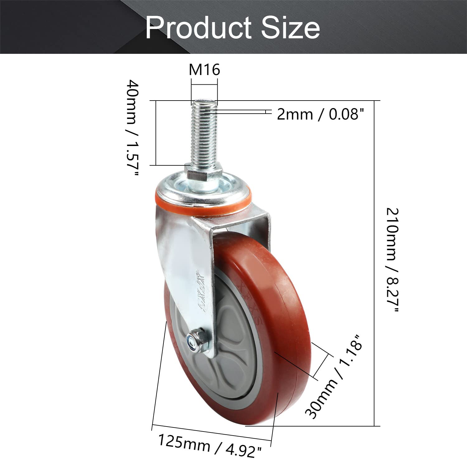 MroMax 4 Pz 125mm Ruote Ruote Dia 140Kg Poliuretano PU Ruote Ruote M16 Filettatura Vite Ferro Freno Bloccaggio Industriale per Carrello
